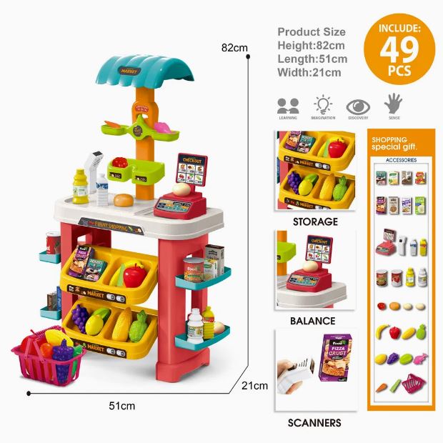 49-PCS Kids Pretend Play Market Store Set with Shopping Accessories & Scanner