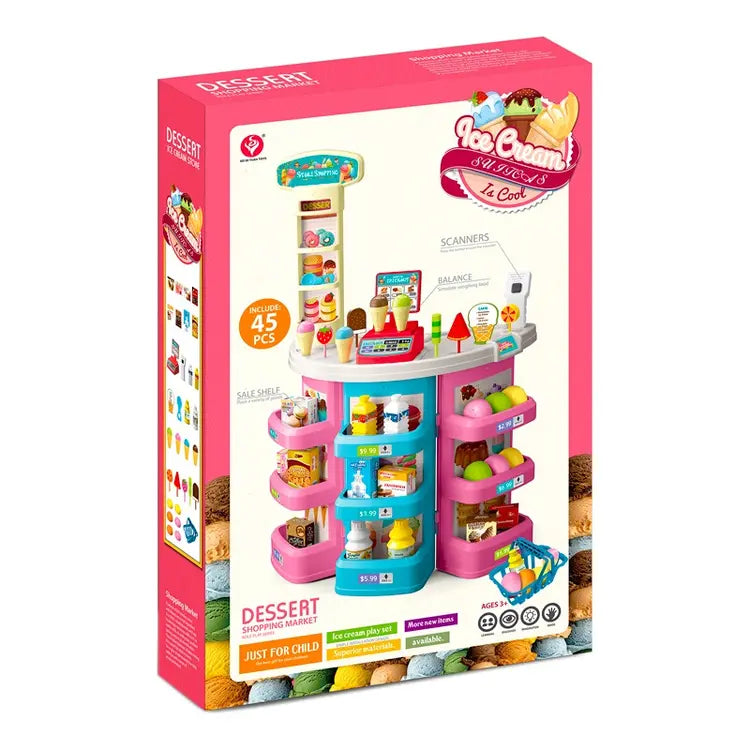 Kids Ice Cream Shop Play Set – 45 PCS Dessert Store Pretend Play Toy with Scanner & Shopping Basket