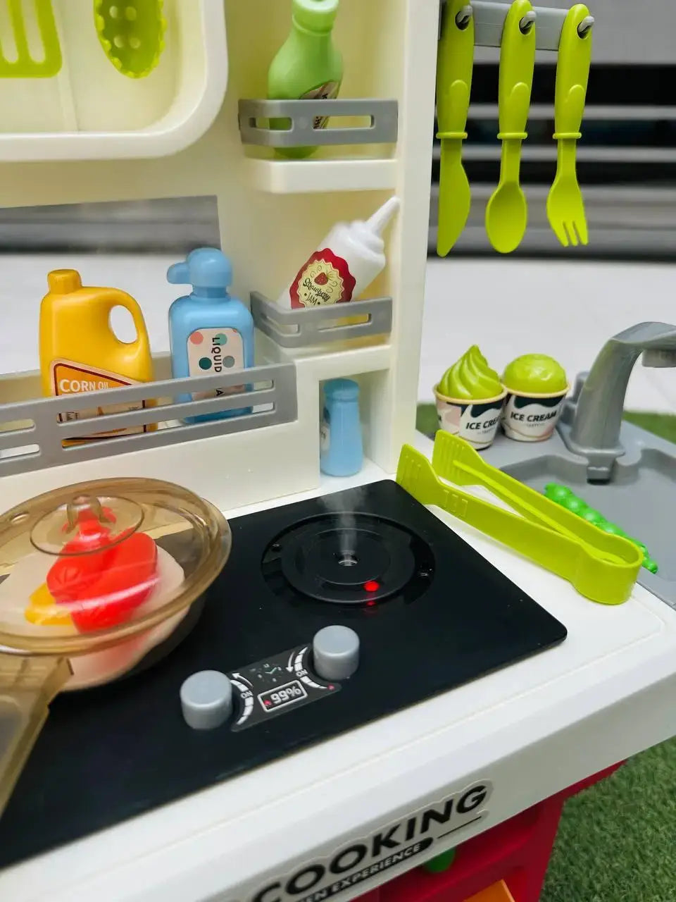 65 Pcs - Western Kitchen Pretend Play Set – Light, Sound & Water Spray Cooking Toy