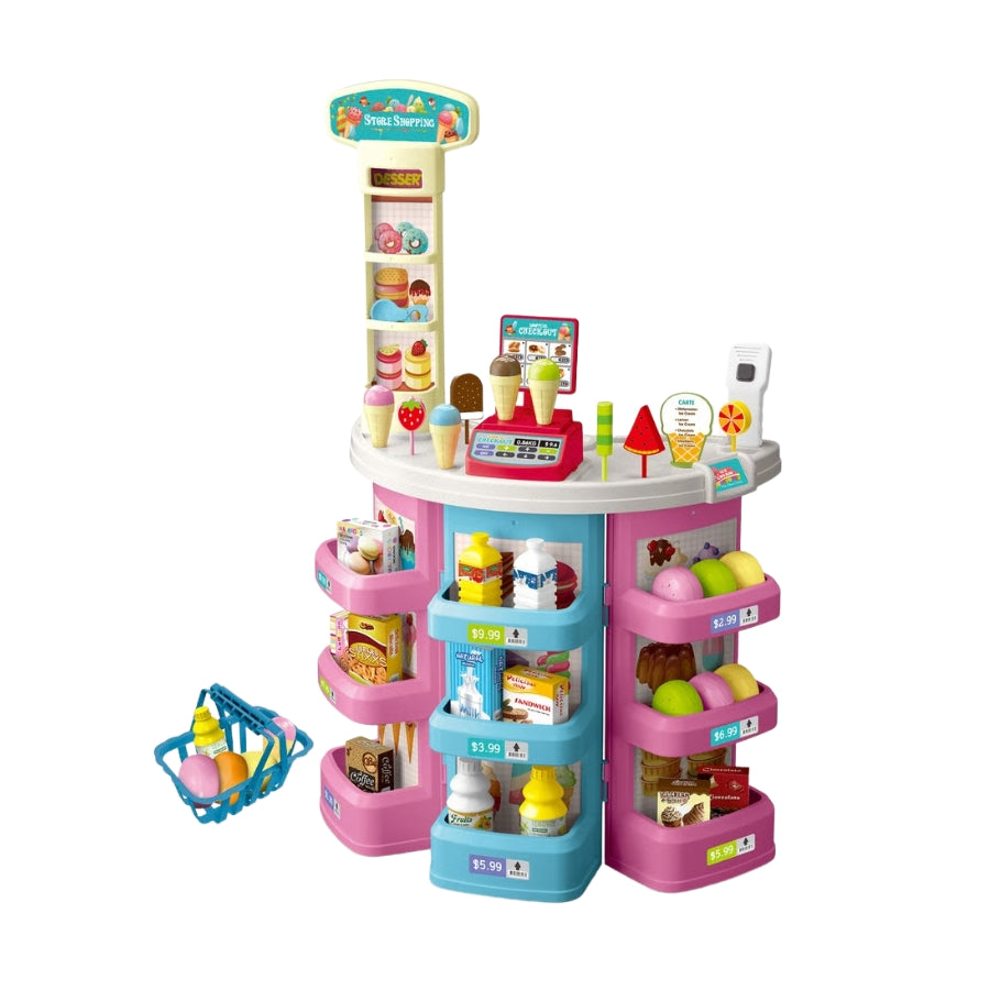 Kids Ice Cream Shop Play Set – 45 PCS Dessert Store Pretend Play Toy with Scanner & Shopping Basket