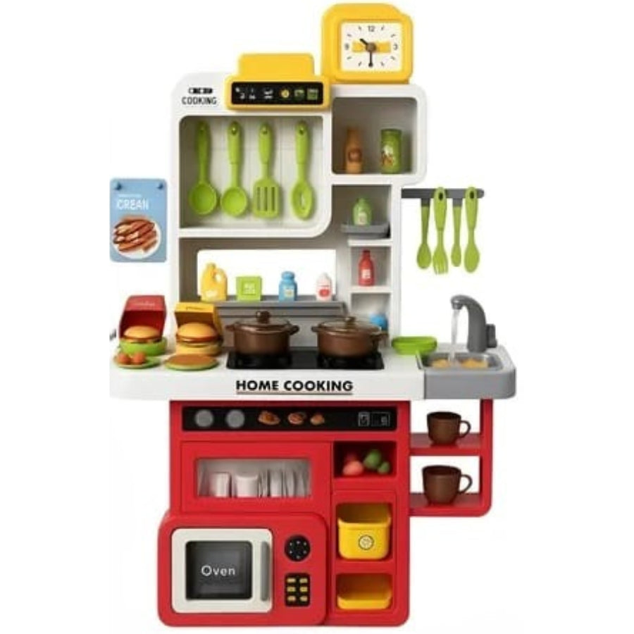 65 Pcs - Western Kitchen Pretend Play Set – Light, Sound & Water Spray Cooking Toy