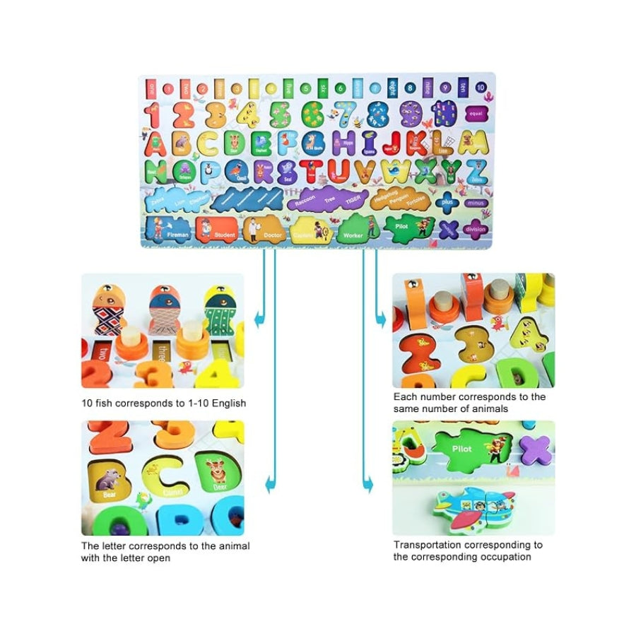 6 in 1 Wooden Montessori Learning Board – Alphabet, Number & Magnetic Fishing Game Fun!