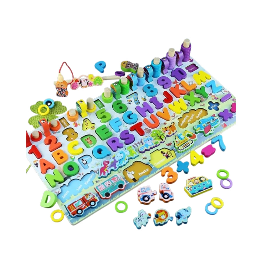 6 in 1 Wooden Montessori Learning Board – Alphabet, Number & Magnetic Fishing Game Fun!