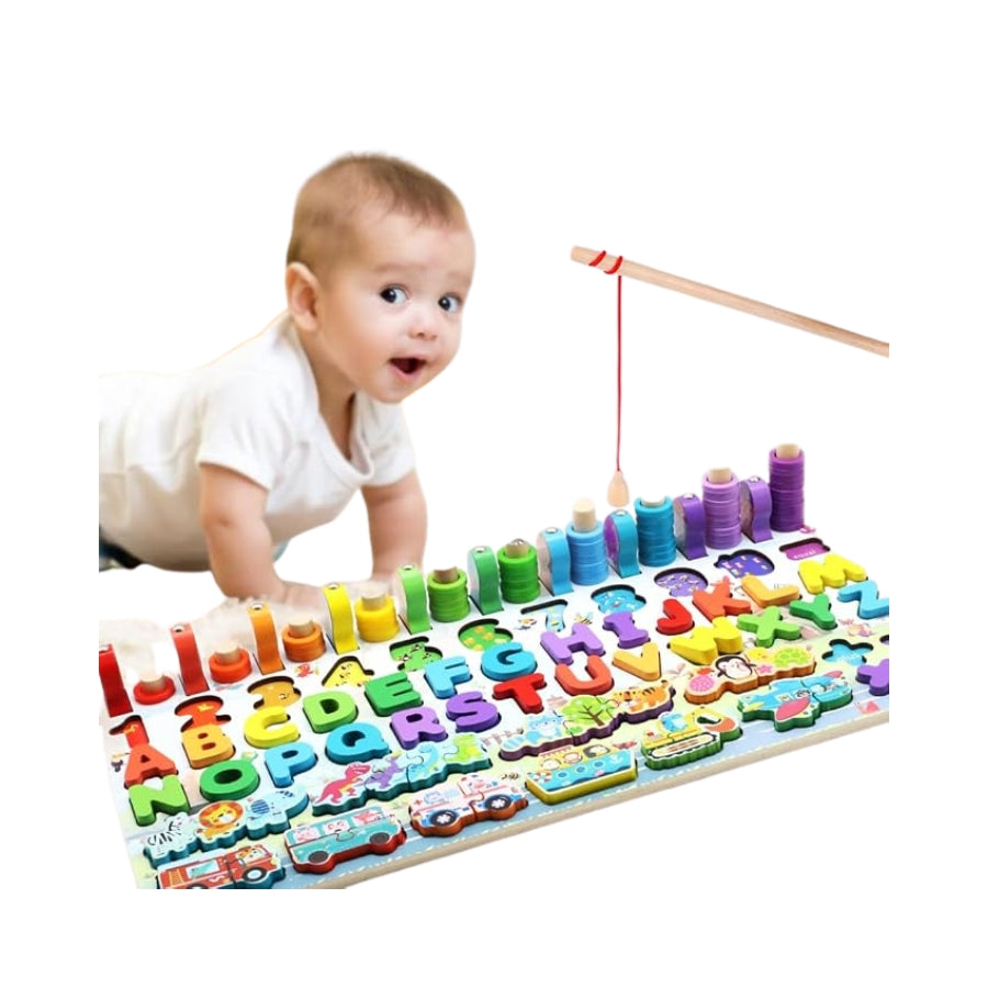 6 in 1 Wooden Montessori Learning Board – Alphabet, Number & Magnetic Fishing Game Fun!
