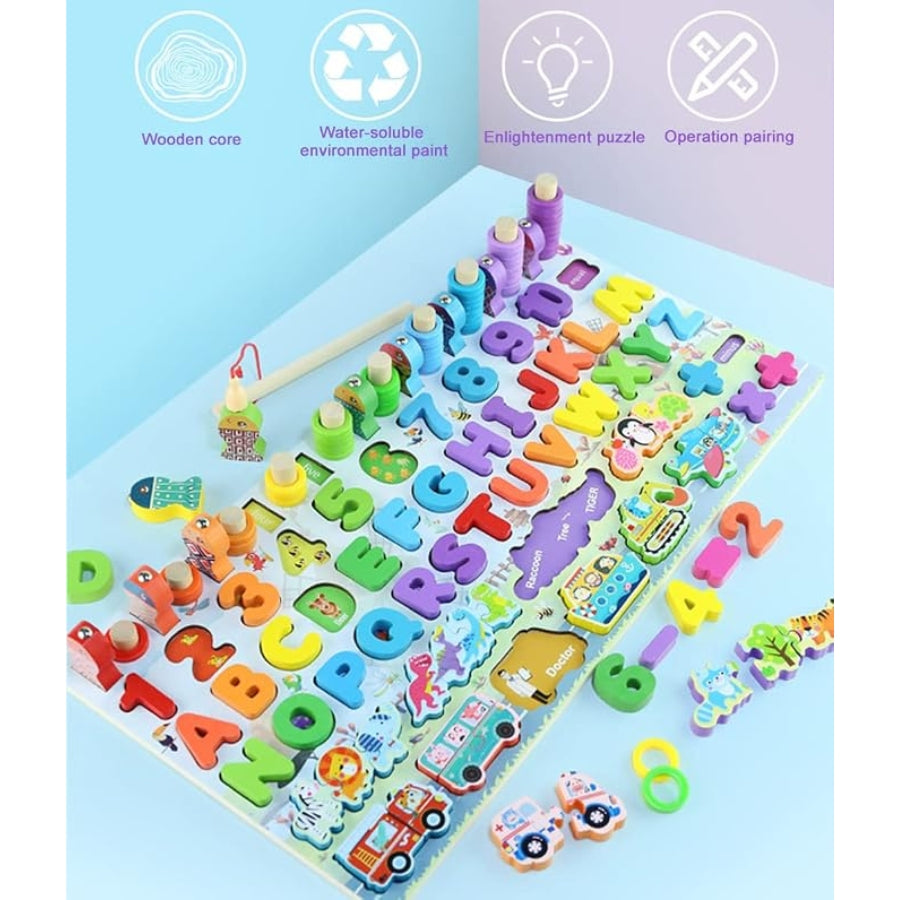 6 in 1 Wooden Montessori Learning Board – Alphabet, Number & Magnetic Fishing Game Fun!