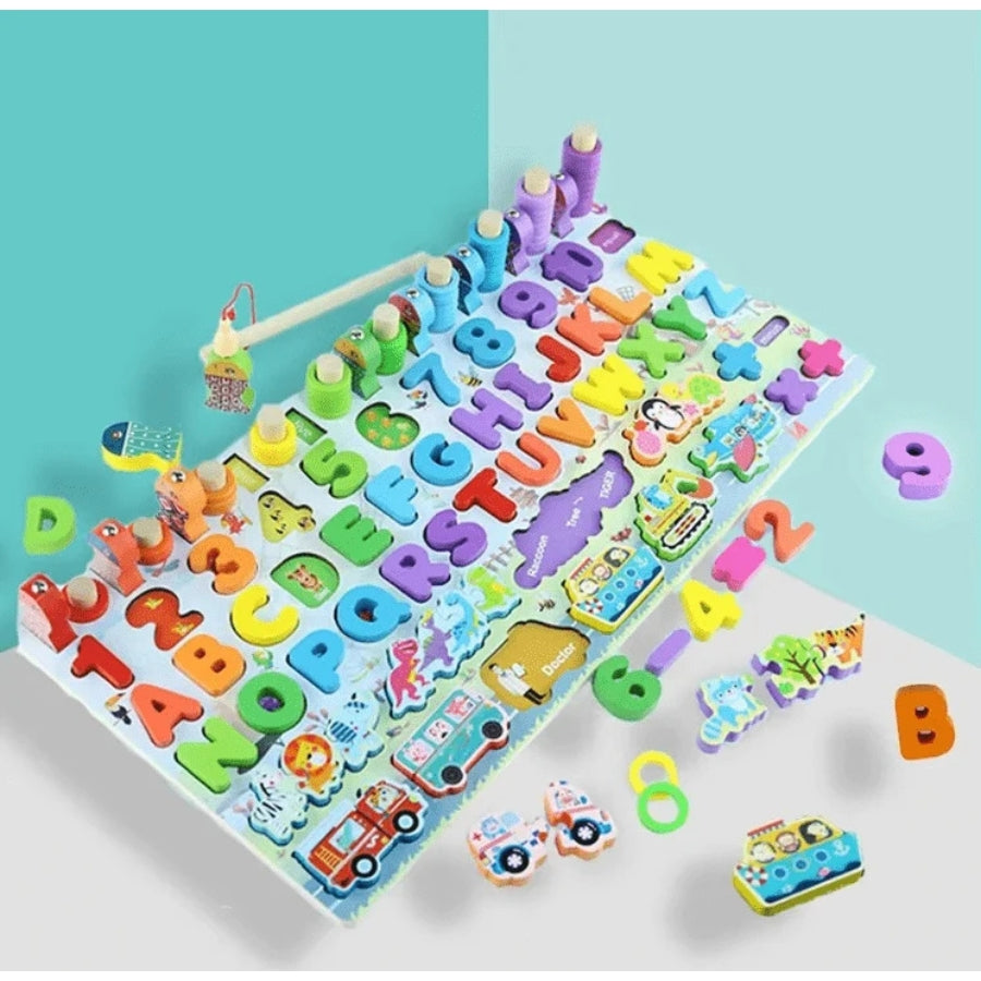 6 in 1 Wooden Montessori Learning Board – Alphabet, Number & Magnetic Fishing Game Fun!