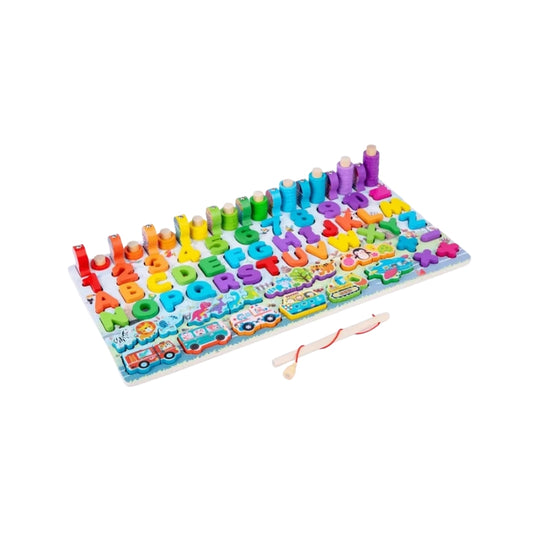 6 in 1 Wooden Montessori Learning Board – Alphabet, Number & Magnetic Fishing Game Fun!