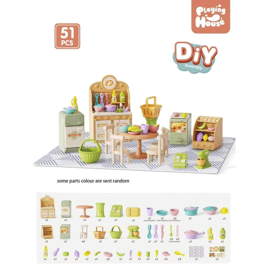 51-Piece DIY Mini Kitchen Playset for Children, with Various Cooking Utensils and Accessories for Pretend Play at Home.
