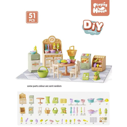 51-Piece DIY Mini Kitchen Playset for Children, with Various Cooking Utensils and Accessories for Pretend Play at Home.