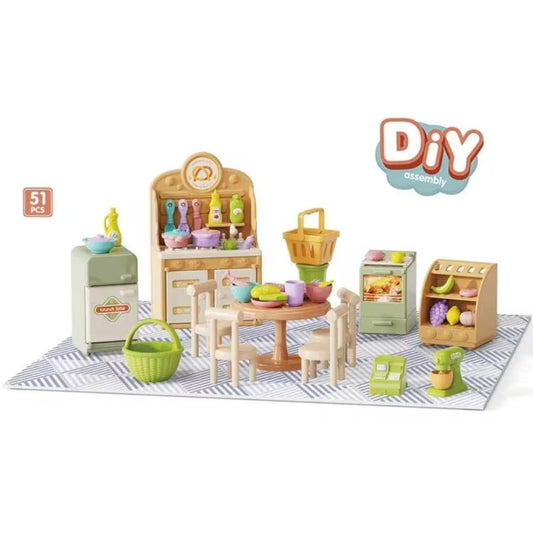 51-Piece DIY Mini Kitchen Playset for Children, with Various Cooking Utensils and Accessories for Pretend Play at Home.