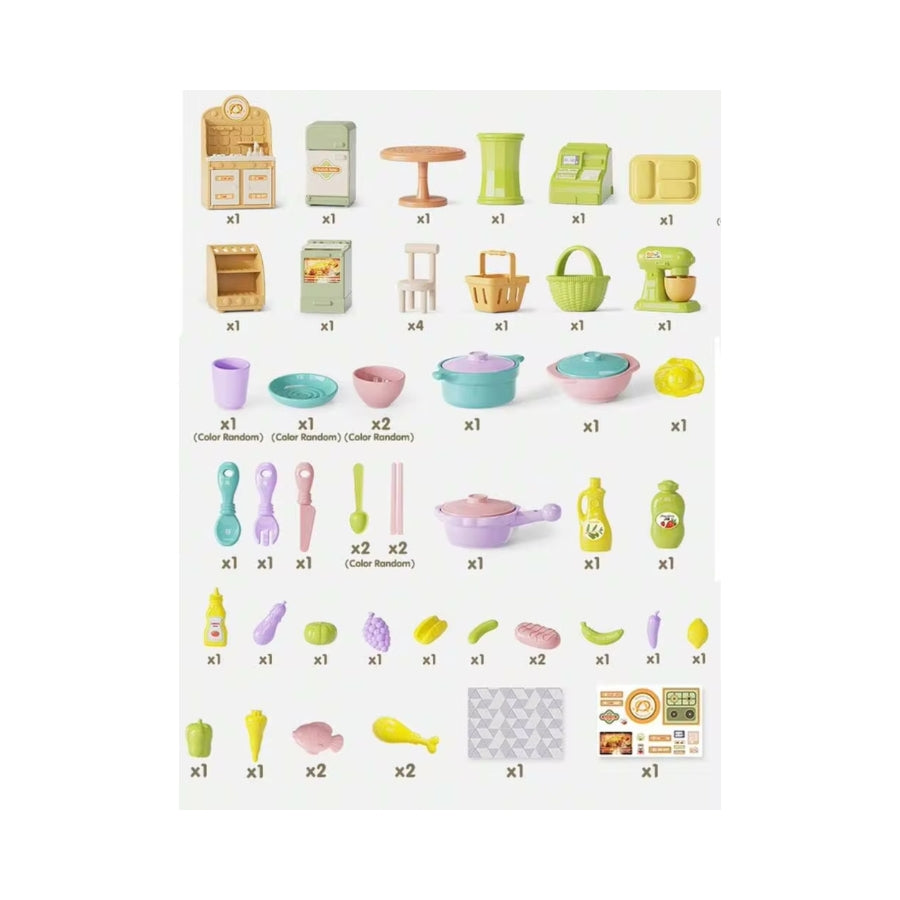 51-Piece DIY Mini Kitchen Playset for Children, with Various Cooking Utensils and Accessories for Pretend Play at Home.