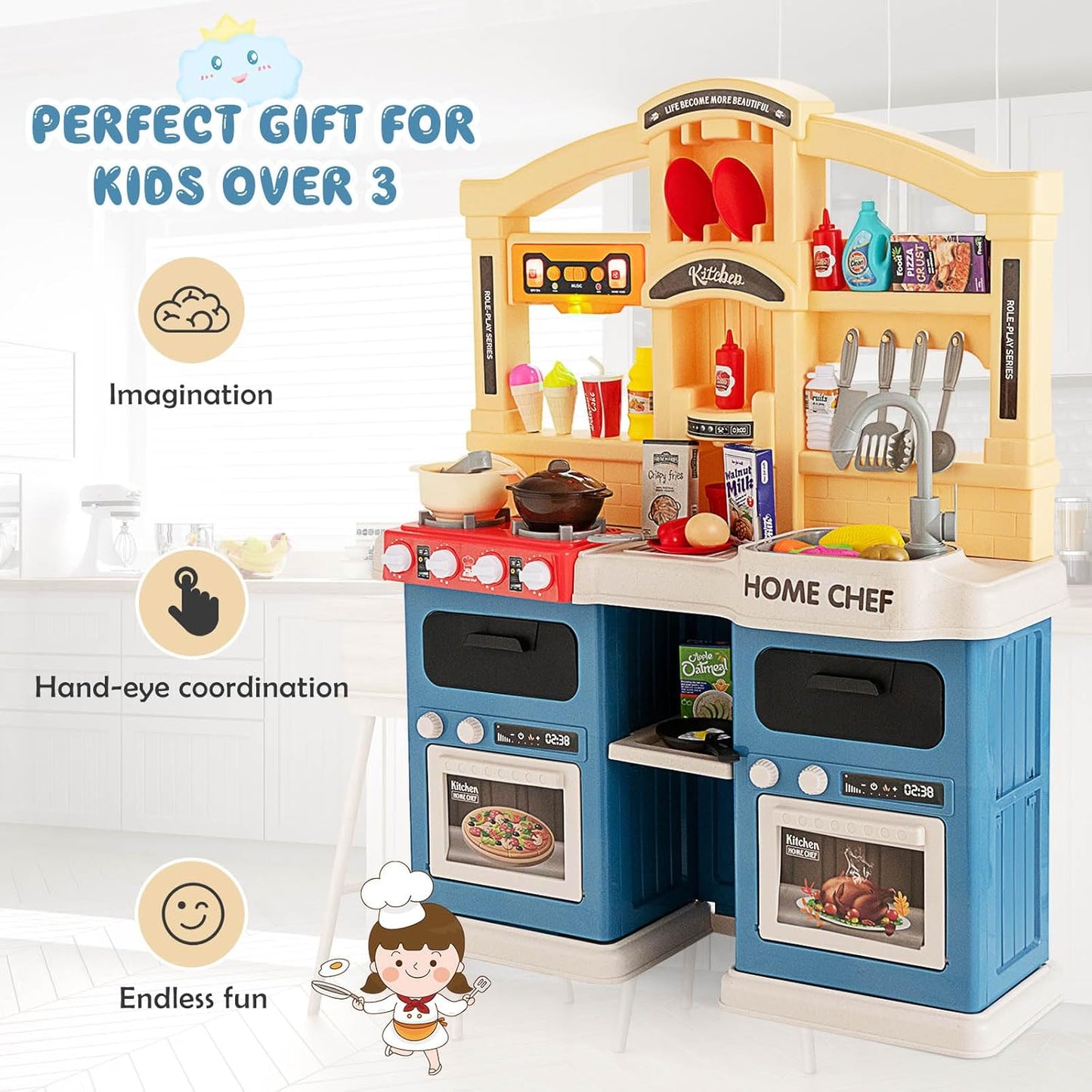 Deluxe Home Chef Kids Kitchen Playset with Running Water, Steam Stove, Lights & Sounds