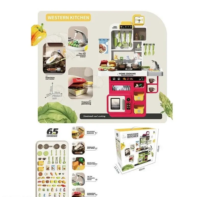 65 Pcs - Western Kitchen Pretend Play Set – Light, Sound & Water Spray Cooking Toy