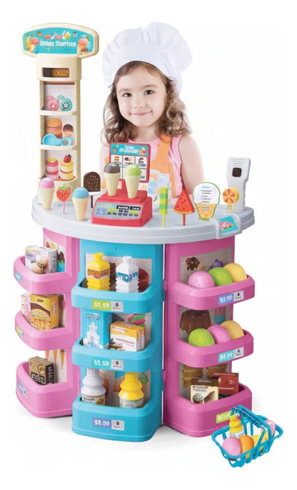 Kids Ice Cream Shop Play Set – 45 PCS Dessert Store Pretend Play Toy with Scanner & Shopping Basket
