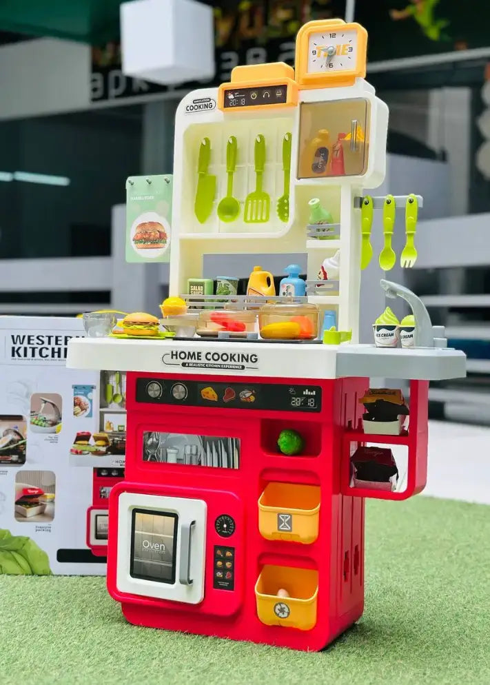 65 Pcs - Western Kitchen Pretend Play Set – Light, Sound & Water Spray Cooking Toy