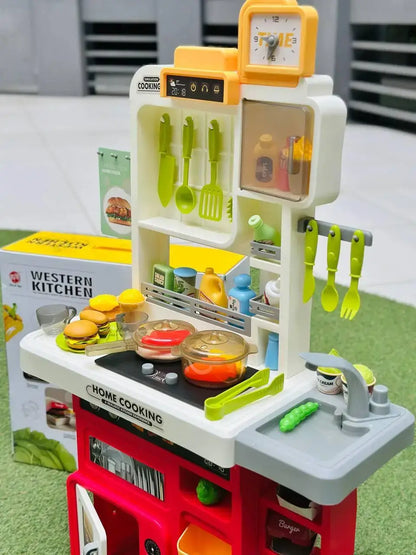 65 Pcs - Western Kitchen Pretend Play Set – Light, Sound & Water Spray Cooking Toy