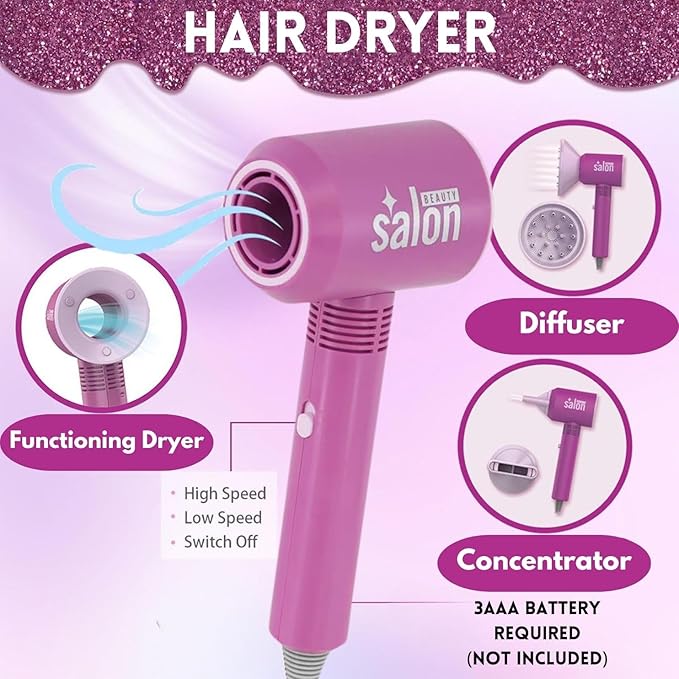 Girls Hair Salon Toy Kit with Functional Hairdryer & Styling Accessories
