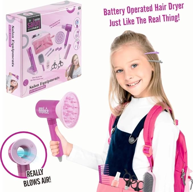 Girls Hair Salon Toy Kit with Functional Hairdryer & Styling Accessories