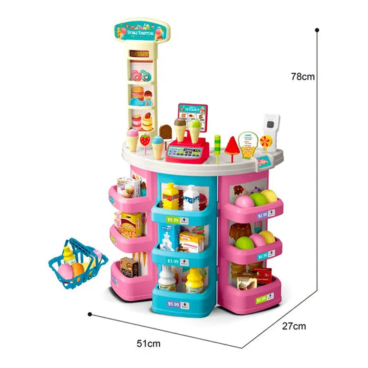 Kids Ice Cream Shop Play Set – 45 PCS Dessert Store Pretend Play Toy with Scanner & Shopping Basket