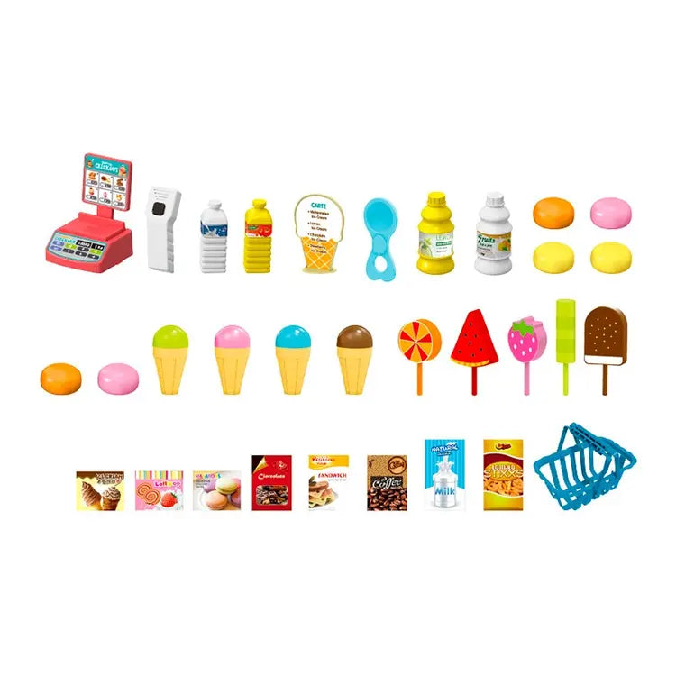 Kids Ice Cream Shop Play Set – 45 PCS Dessert Store Pretend Play Toy with Scanner & Shopping Basket
