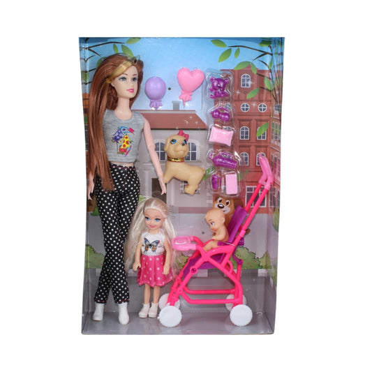 Beauty Family Play Set - Mother, Daughter & Baby with Pet & Stroller