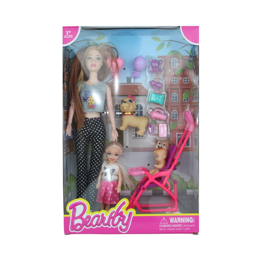 Beauty Family Play Set - Mother, Daughter & Baby with Pet & Stroller