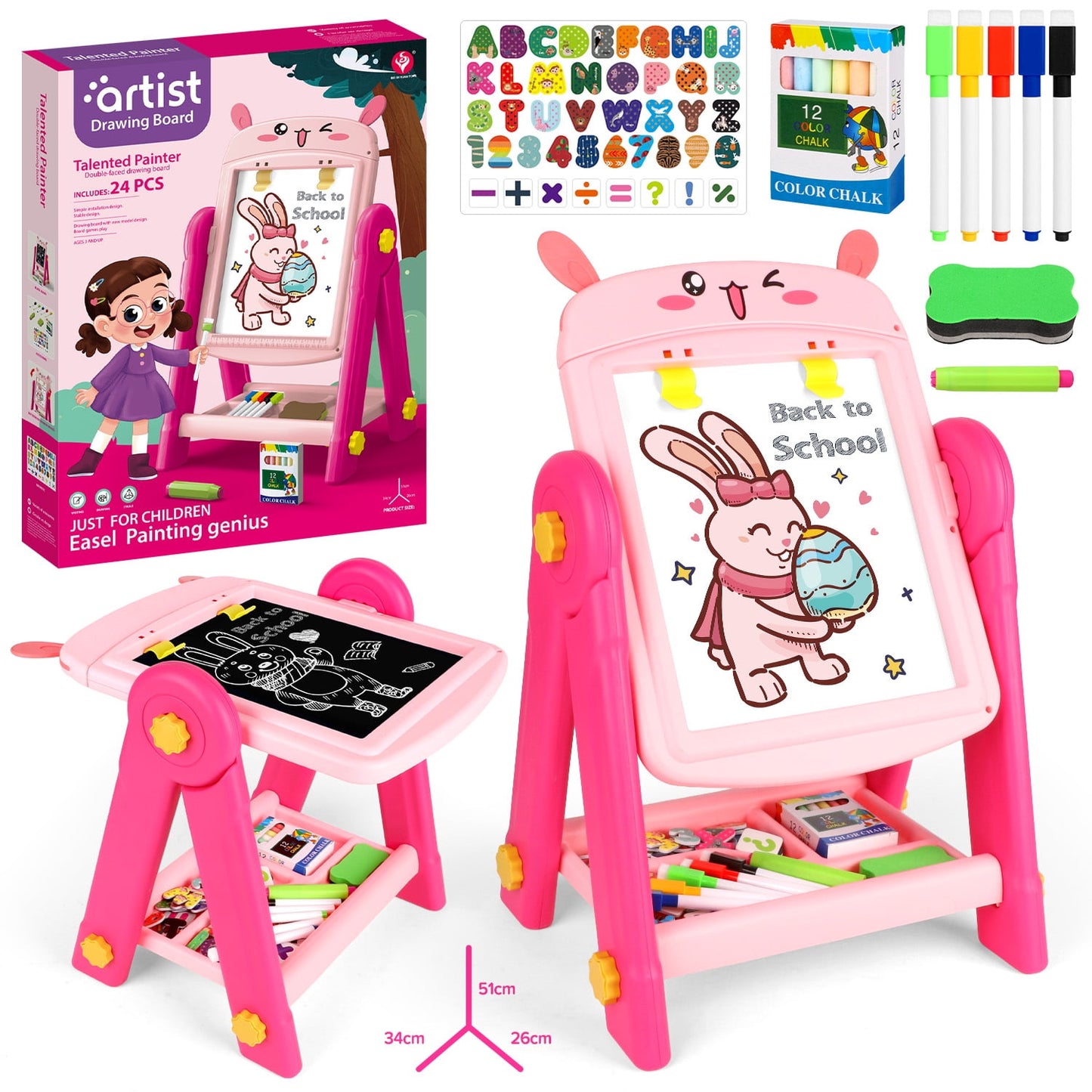 2-in-1 Kids Double-Sided Drawing Board with Chalk & Markers – Ages 3+